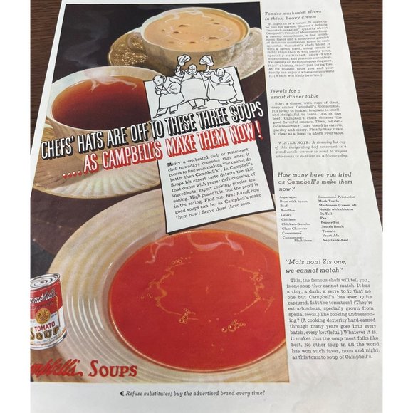 Campbell's Soup Vintage Print Ad 1938 Chef's Hats Off Tomato Mushroom Consomme - Picture 4 of 5